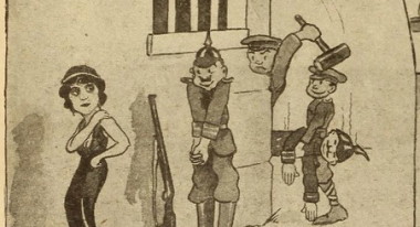 During WWI, many cartoons addressed the relationship between film and the war effort. From one entitled "Our Players at the Front" comes this.
