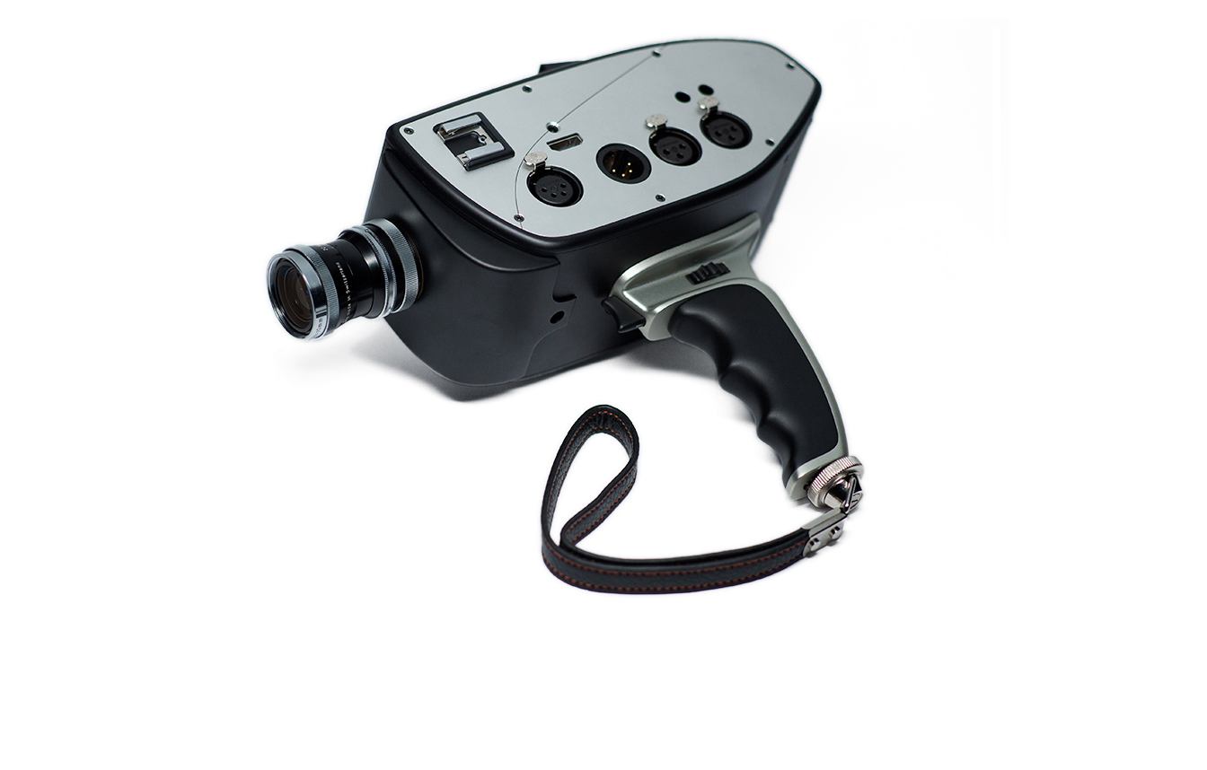 Digital Bolex D16 with pistol grip and hand strap.