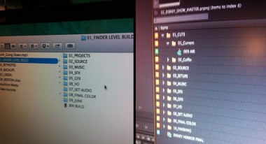 (left) Finder level organization, (right) Bins in Premiere Pro