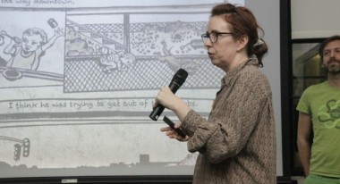 Heidi Solbrig  and Amos Latteier presenting The Dandelon King at POV Hackathon 7.  (Courtesy POV/American Documentary, Inc.)