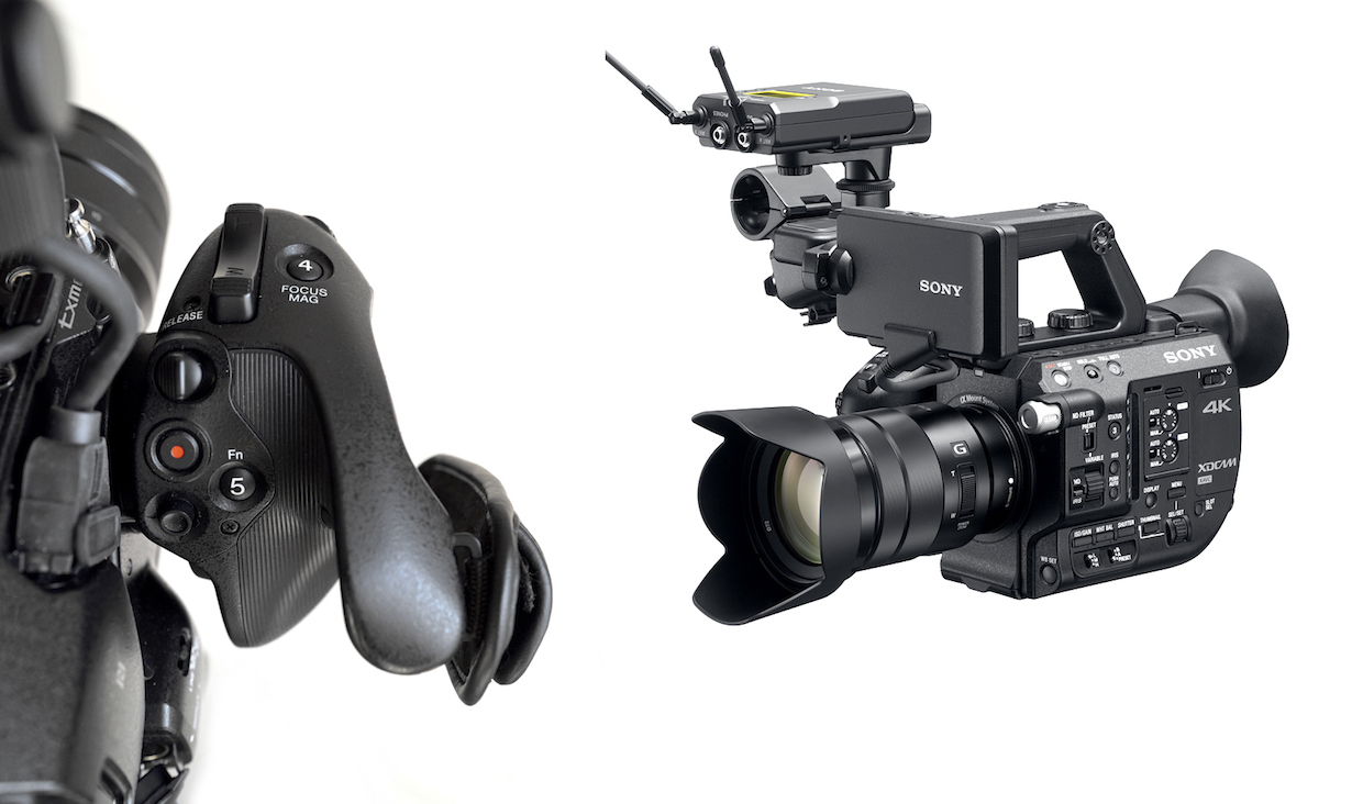 The FS5’s handgrip — best-ever ergonomic grip on a video camera — appears identical to that of the FS7 but embodies subtle refinements. Wrap your hand around it, and in turn, it wraps itself around your hand. Fingers land precisely on the buttons they should. A small jog switch under the thumb enables single-hand access to focus, iris, ND setting, ISO/gain, shutter speed, and white balance. Atop the front handle of the FS5, a smart Multi-Interface (M.I.) shoe mount eliminates XLR cables and AA batteries when a Sony UWP-D11 Digital Wireless audio system is used.