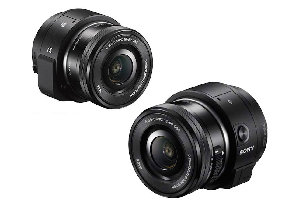 A couple of lenses? No, two sides of the new, minimalistic Sony UMC-R10C E-mount camera for gimbaled devices like drones. The APS-C sensor captures 4K or 20-megapixel stills. Lens shown here is a Sony 16-50mm f/3.5-5.6 Optical SteadyShot Retractable Zoom Lens.