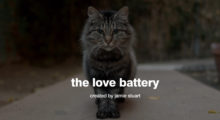 A grey-brown cat staring at the camera over a title card, "The Love Battery"