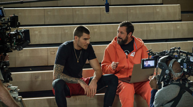 Juancho Hernangomez and Adam Sandler on the set of Hustle