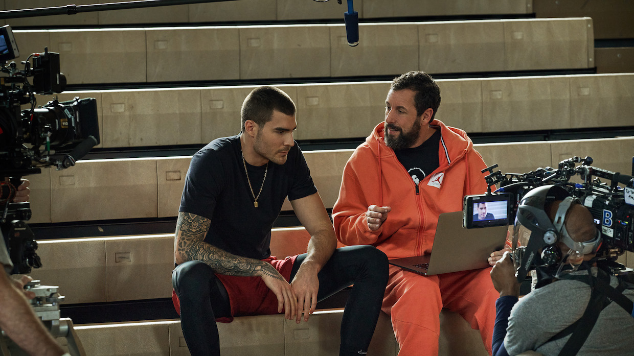 Juancho Hernangomez and Adam Sandler on the set of Hustle