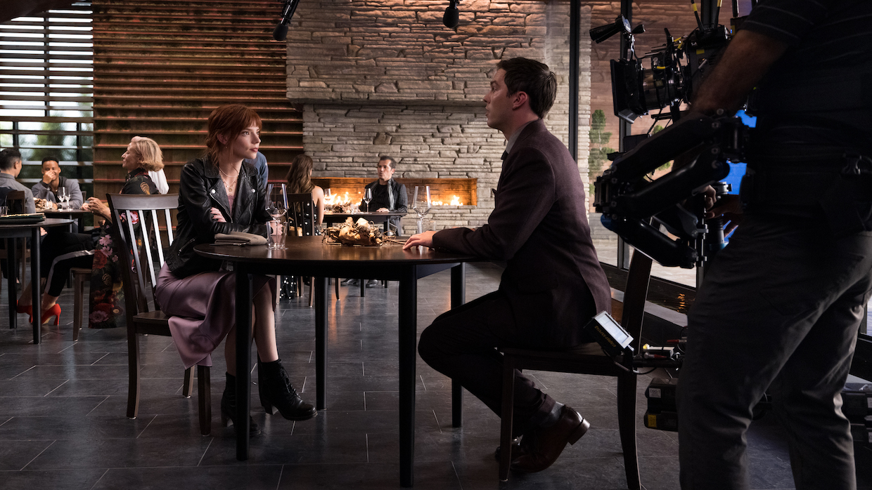 Anya Taylor-Joy and Nicholas Hoult on set of The Menu (Photo by Eric Zachanowich, courtesy of Searchlight Pictures)