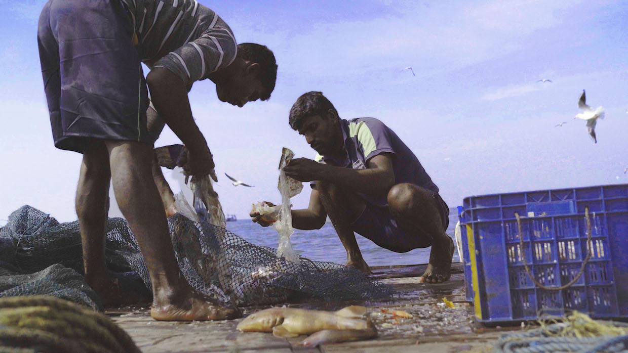 Two men go through what their fishing net caught on a seaport dock.