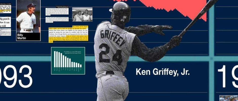A collage of images, graphs and numbers that are evocative of the docuseries "The History of the Seattle Mariners."