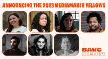 The headshots of all seven 2023 BAVC MediaMaker Fellows, superimposed over a pink background.