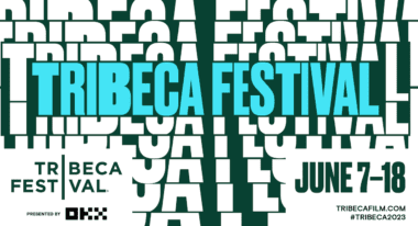 Graphic promoting the 2023 Tribeca Festival, with blue text superimposed over repeating white text that reads "Tribeca Festival," including a logo and the dates it runs, June 7-18.