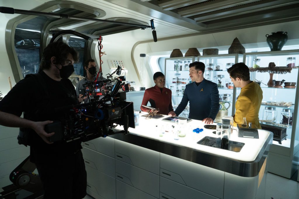 Celia Rose Gooding as Uhura, Dan Jeannotte as Sam Kirk and Paul Wesley as James T. Kirk in episode 206 “Lost in Translation” of Star Trek: Strange New Worlds, streaming on Paramount+, 2023. Photo Cr: Michael Gibson/Paramount+