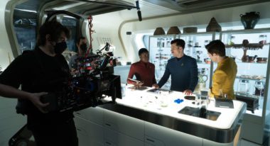 Celia Rose Gooding as Uhura, Dan Jeannotte as Sam Kirk and Paul Wesley as James T. Kirk in episode 206 “Lost in Translation” of Star Trek: Strange New Worlds, streaming on Paramount+, 2023. Photo Cr: Michael Gibson/Paramount+
