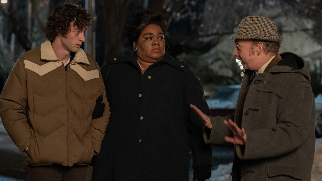 Dominic Sessa, Da’Vine Joy Randolph and Paul Giamatti in The Holdovers (Photo by Seacia Pavao, courtesy of Focus Features)