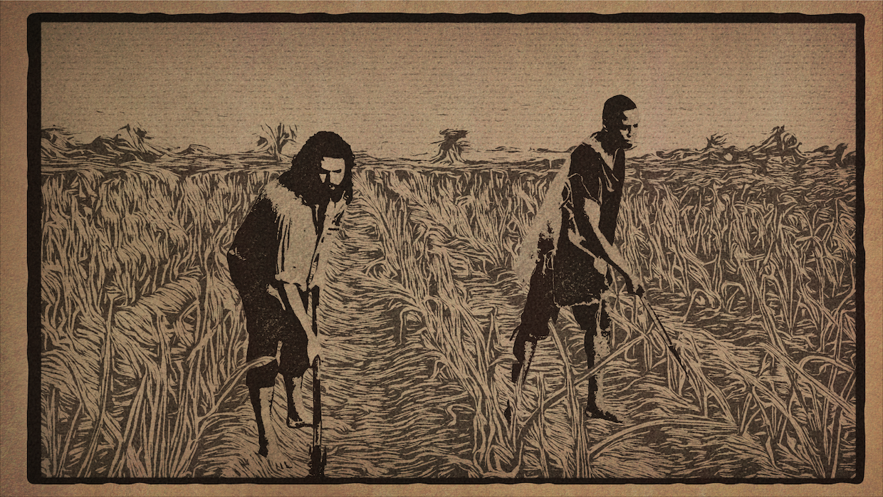 A woodcut shows two Black slaves working in a field.