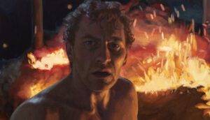 A painted image of a shirtless middle-aged man standing in front of a blazing fire outdoors.