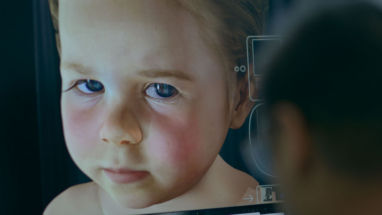 A close-up of an AI avatar of a rosy-cheeked baby.