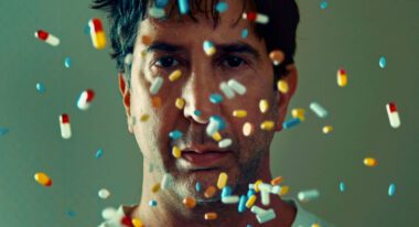 A shot of David Schwimmer's face as colorful prescription pills fall in front of it.