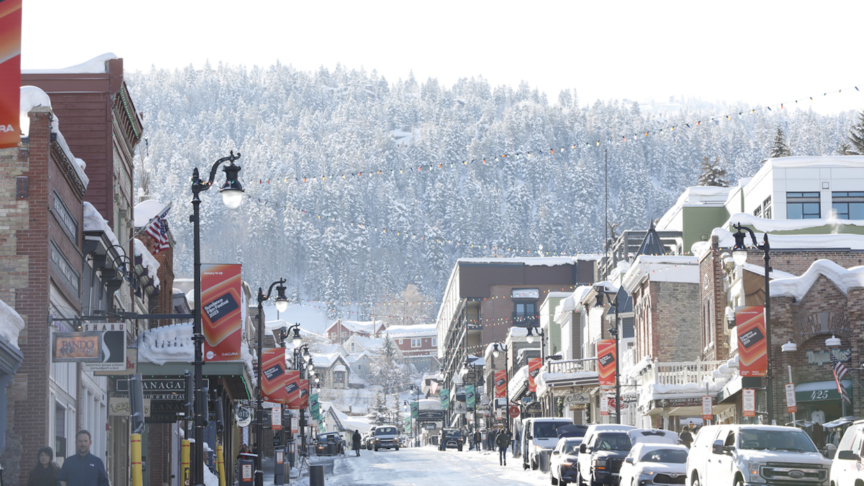Park City's Main Street covered with a thick layer of snow on a bright January day.