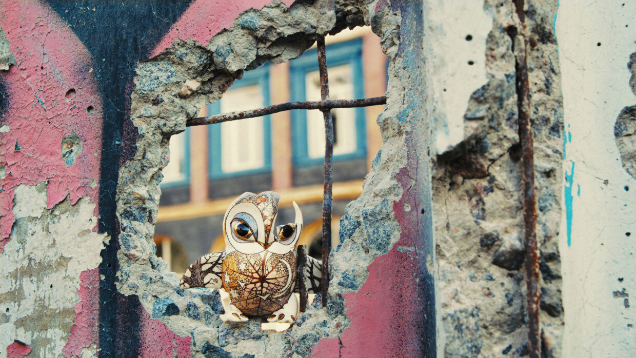 A porcelain owl is sitting in a hole in the wall of a partially destroyed building.