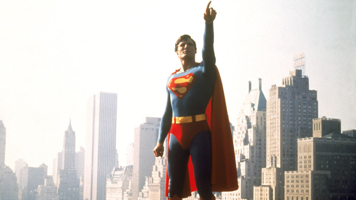 A still of Christopher Reeve as Super Man.