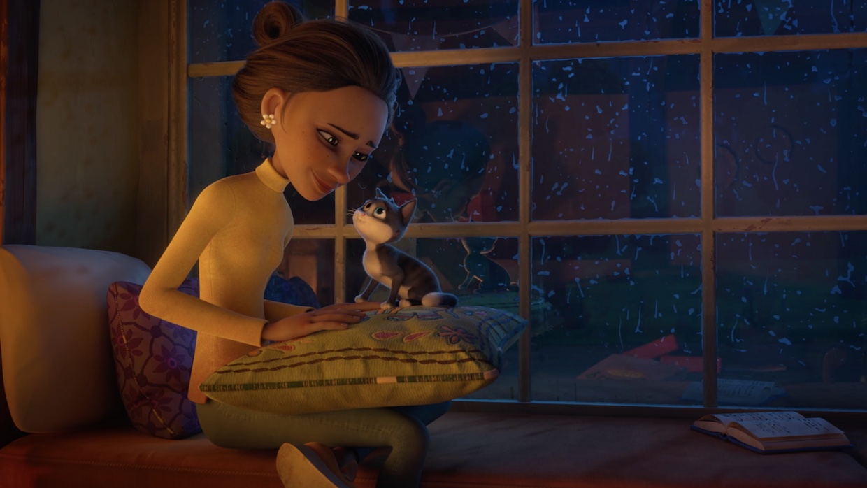 a 3D animated still of a young Indian woman wearing a white turtleneck as she sits by a large, multi-paned window at night. A kitten sits on her lap atop of a fluffy pillow.