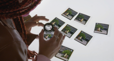 An African-American woman is looking through a magnifying glass at photographs laid out on a table.
