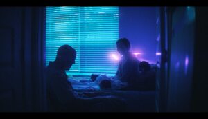 Two people, visible in silhouette, sit in a blue-and-purple-lit room.