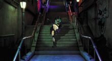 A woman in a green wig and tights dances down a stairwell.