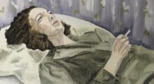 A painting of a woman lying down while smoking a cigarette.