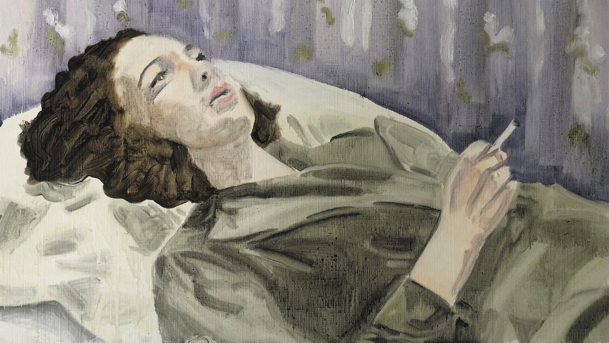 A painting of a woman lying down while smoking a cigarette.