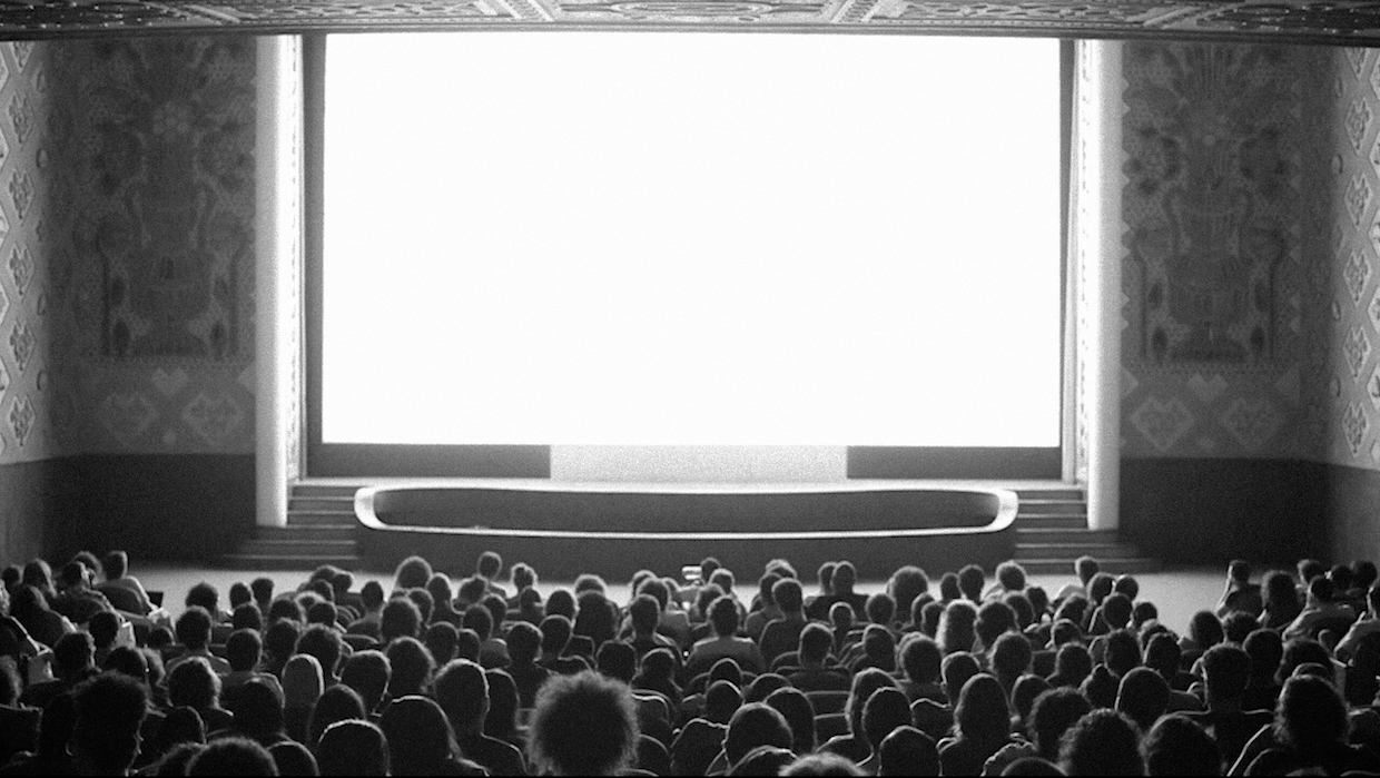 An audience sits before a large blank screen in a movie theater.