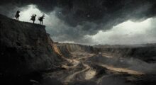 An AI-generated image of people standing on a cliff under black clouds.