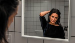 A middle-aged woman holds her hair in front of a mirror.