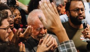 A group of churchgoers pray.