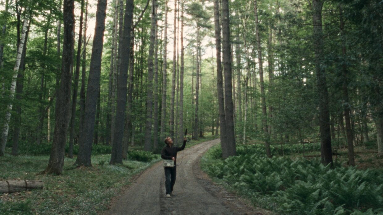 A man with a recording microphone capturing sounds in the woods.