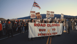 A group of Hawaiian protesters holds a protest on a road while holding a banner and flags.