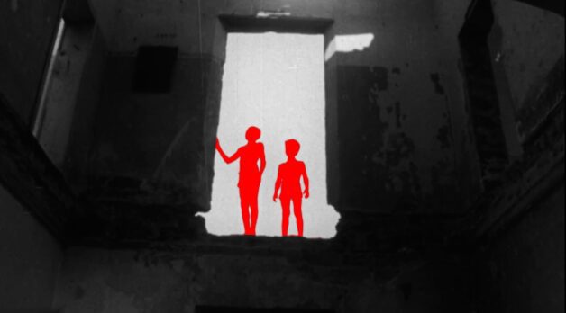 The red silhouettes of two young boys stand in a black-and-white doorway.