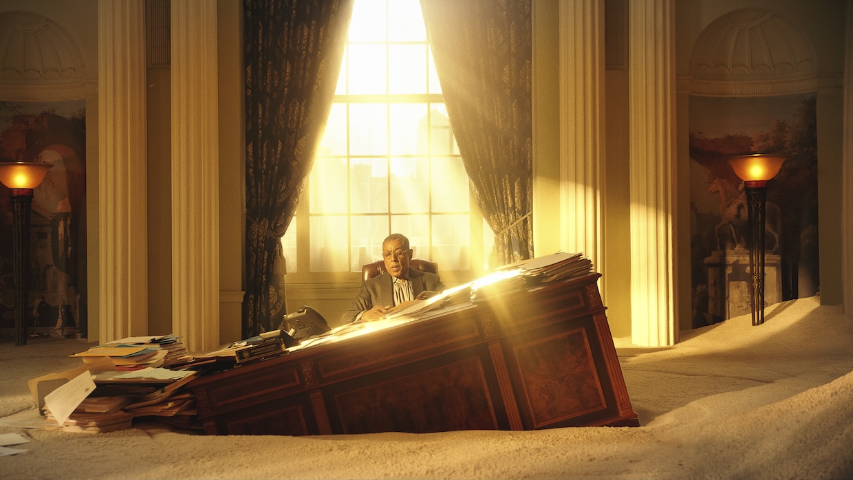 A man sits at a tilted office desk partially buried in sand.