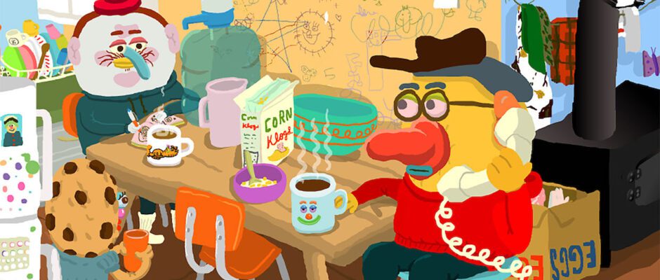 An animated still of an anthropomorphized duck talking on a phone, sitting at a kitchen table drinking coffee. He is among a hodgepodge of symbols and household items.