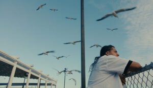 A man is leaning on a fence as large birds fly overhead.