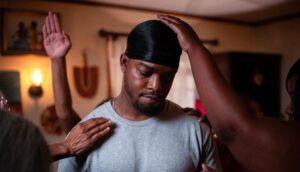 A Black man is being consoled or congratulated by friends around him.