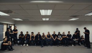 Wide shot of a large group of men sitting or standing along a wall.