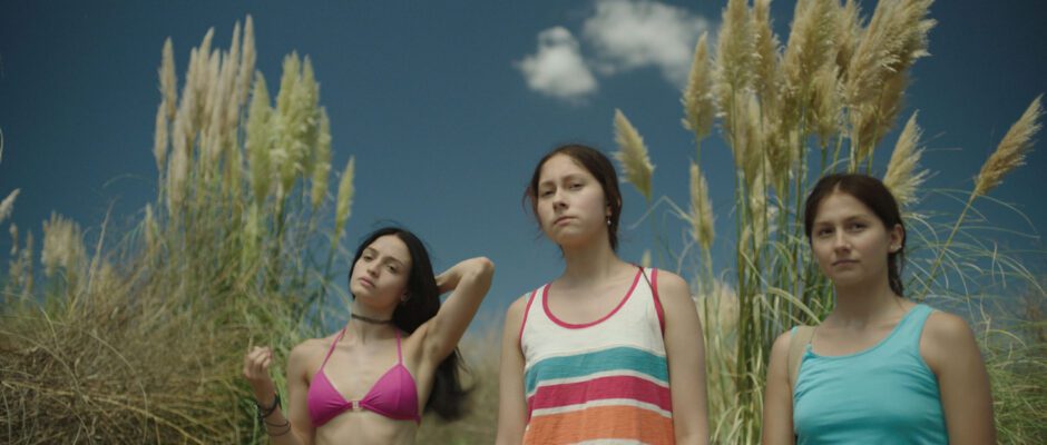 Three older girls in beachwear are standing in a field with tall grasses behind them.