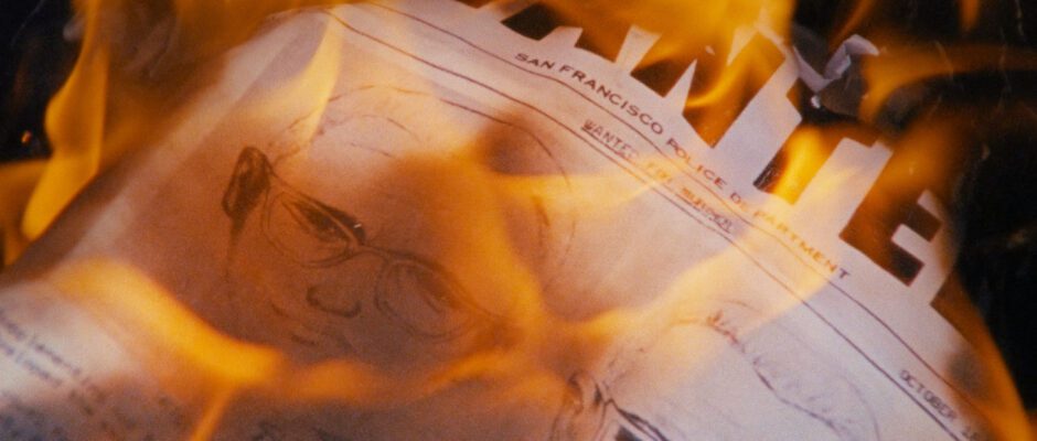 A paper with a sketch of the Zodiac Killer is ablaze.