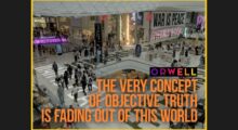 A meme-like image of a mall with George Orwell quotes all over it.