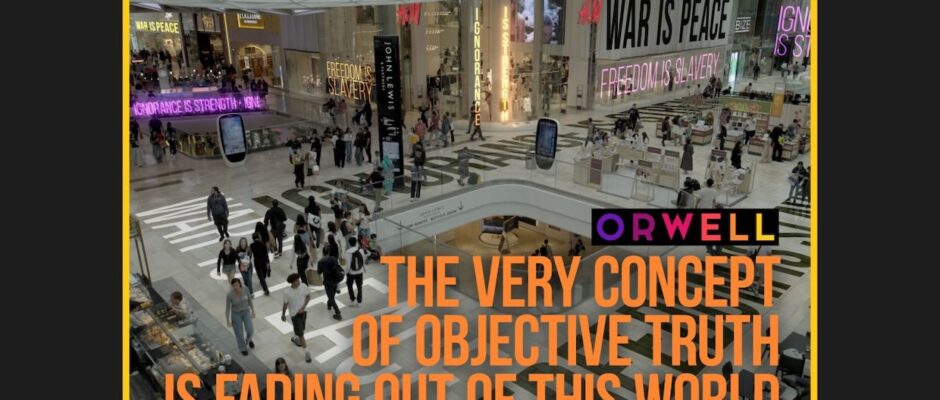 A meme-like image of a mall with George Orwell quotes all over it.
