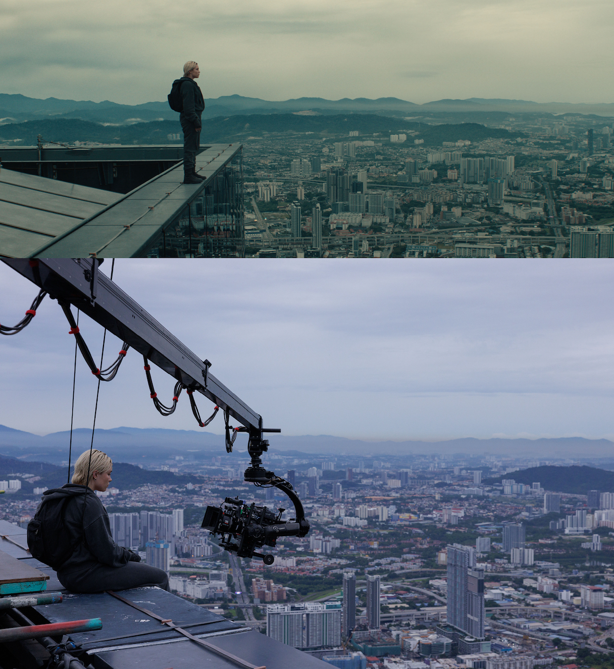 Two images of a woman on the ledge of a roof high above a cityscape, the second of which also includes a camera pointed at her.
