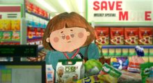 A brightly animated scene of a middle-aged woman with short brown hair buying groceries.