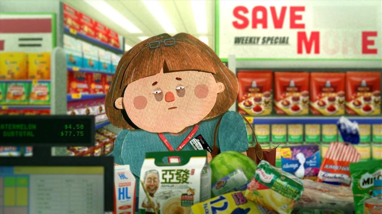A brightly animated scene of a middle-aged woman with short brown hair buying groceries.